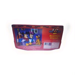 May include: A red box featuring Mickey Mouse, Minnie Mouse, Goofy, and Pluto plush beanbag toys. The box has the words "Beanbag Friends" and "Mickey & Friends" printed on it. The plush toys are in a room setting.