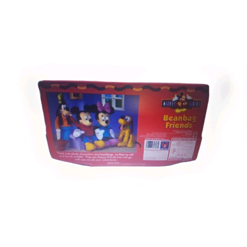 May include: A red box featuring Mickey Mouse, Minnie Mouse, Goofy, and Pluto plush beanbag toys. The box has the words "Beanbag Friends" and "Mickey & Friends" printed on it. The plush toys are in a room setting.