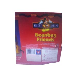 May include: A red cardboard box featuring the text "Mickey for Kids" and "Beanbag Friends" in yellow. The box has a Mickey Mouse graphic and a barcode. The box is partially visible.