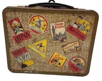 Vintage Ohio Art metal Lunch Box Atco World Traveler Travel trunk stickers Litho