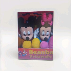 May include: A boxed set of plush toys featuring Mickey and Minnie Mouse. Mickey has black ears, a tan face, and yellow shorts. Minnie has a pink bow and dress, with a tan face. The box reads "Beanbag Friends" with Disney characters.