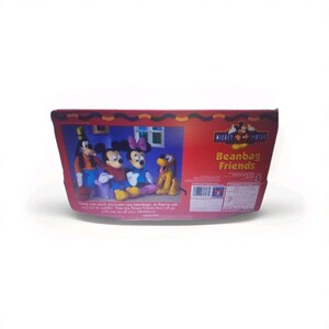 May include: A red cardboard package featuring Mickey Mouse, Minnie Mouse, Goofy, and Pluto plush beanbag toys. The package has the words "Mickey & Friends Beanbag Friends" printed on it. The package has a decorative border.