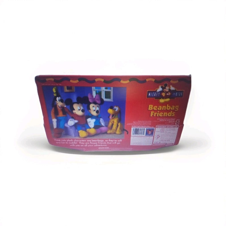 May include: A red cardboard package featuring Mickey Mouse, Minnie Mouse, Goofy, and Pluto plush beanbag toys. The package has the words "Mickey & Friends Beanbag Friends" printed on it. The package has a decorative border.