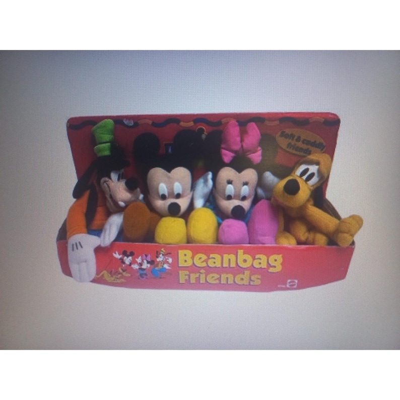 May include: A red box set of Disney Beanbag Friends plush toys. The set includes Goofy, Mickey Mouse, Minnie Mouse, and Pluto. The box has the words "Beanbag Friends" printed on the front.