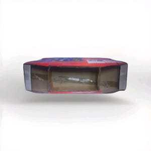 May include: A partially open, rectangular cardboard box with a red top and gray sides. The box has a visible interior and appears to be empty. The top of the box has some visible text and graphics.