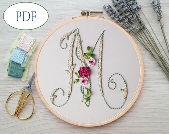 Letter M pdf hand embroidery beginner Monogram pattern DIY ribbon embroidery