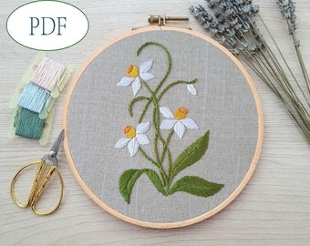 黄色い水仙の手刺繍パターン、水仙のパターン、水仙の刺繍、黄色い水仙