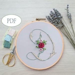 Letter D pdf hand embroidery of floral alphabet, Monogram pattern DIY, ribbon embroidery
