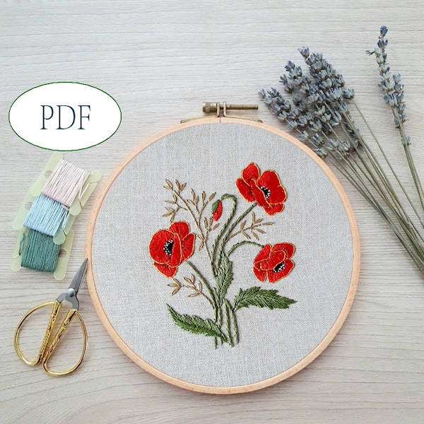 Red poppy pdf hand embroidery beginner Botanical pattern DIY Floral embroidery
