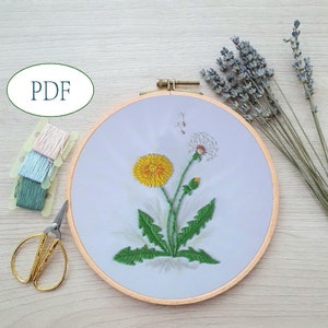 Dandelion hand embroidery, Summer flowers pattern DIY, botanical embroidery