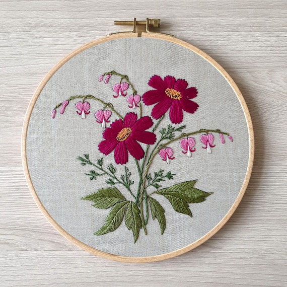 Garden Flowers Hand Embroidery, Cosmos Floral Pattern DIY