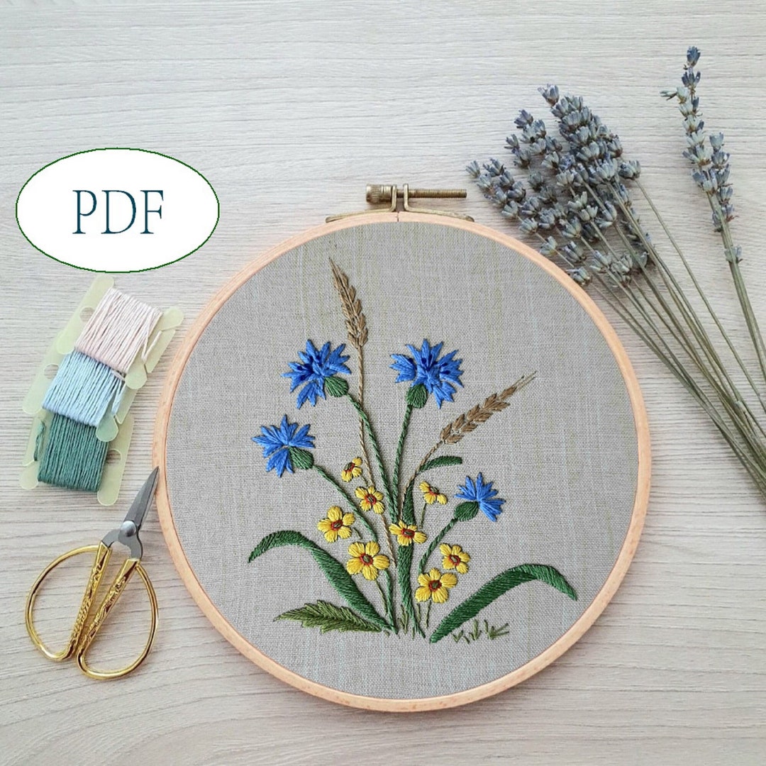 Cornflowers Hand Embroidery, Spring Flowers Pattern DIY, Botanical
