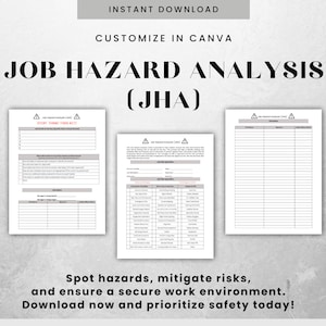 May include: A printable job hazard analysis (JHA) template with the text "Stop, Think, Then Act!" and a warning symbol. The template is designed to help identify and mitigate risks in the workplace. Customize the template in Canva.
