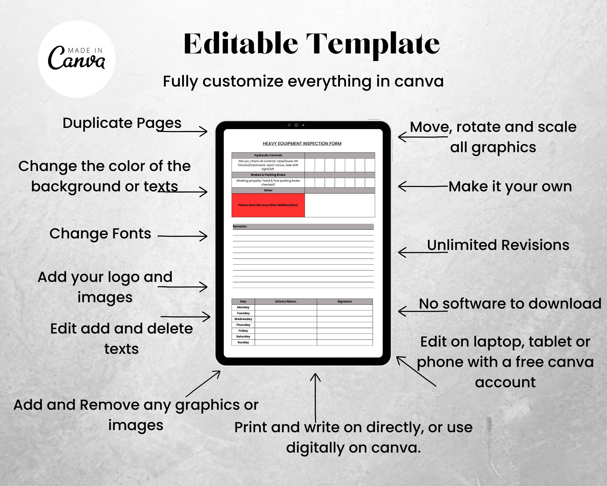 Heavy Equipment Weekly Inspection Template - Etsy