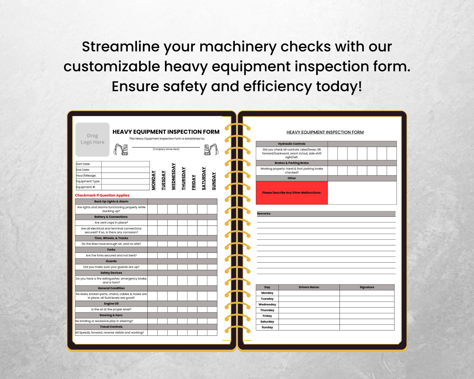 Heavy Equipment Weekly Inspection Template - Etsy