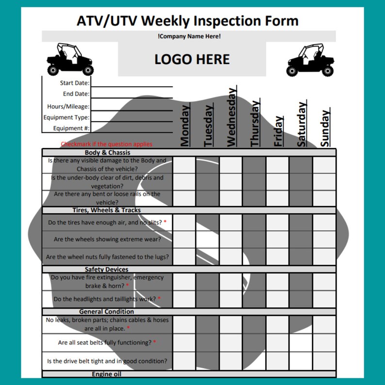 ATV/UTV Weekly Inspection Form Etsy