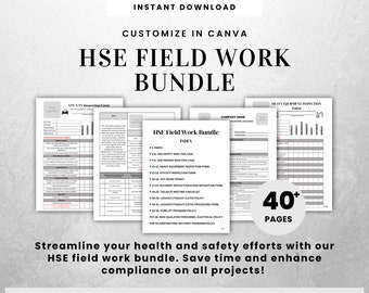 May include: A digital download bundle of 40+ customizable HSE field work forms. The forms are designed to streamline health and safety efforts, save time, and enhance compliance on all projects. The bundle includes forms for hazard analysis, equipment inspection, hot work permits, tailgate meetings, lockout/tagout procedures, and more.