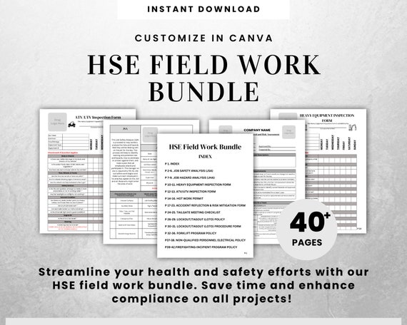 HSE Job site Bundle Canva Editable Template Healthy Safety and Environment Procedures JHA JSA Policies And Procedures Inspection Forms