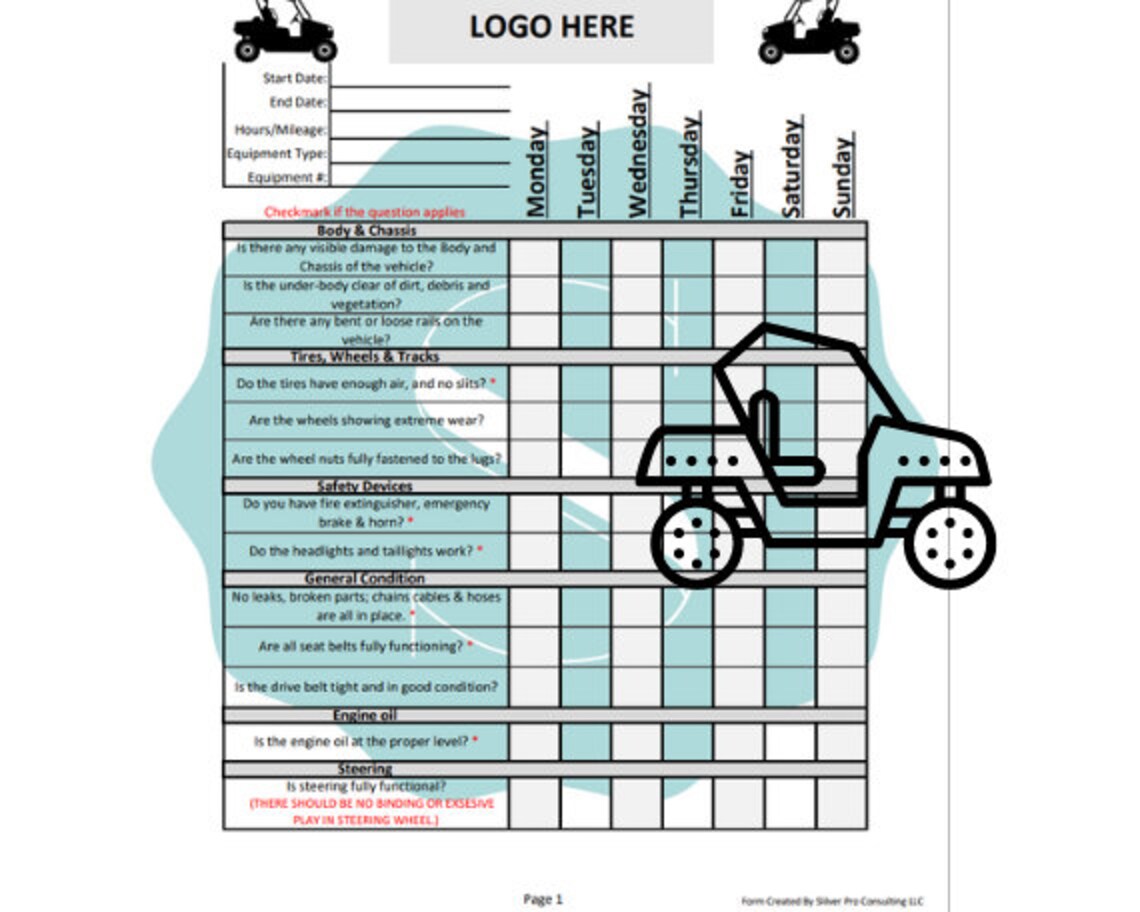 ATV/UTV Weekly Inspection Form Etsy