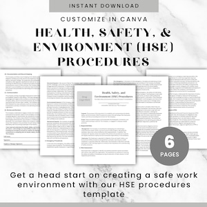 Könnte beinhalten: Eine schwarz-weiße druckbare Vorlage zum Erstellen von Verfahren für Gesundheit, Sicherheit und Umwelt (HSE). Die Vorlage umfasst 6 Seiten und ist in Canva anpassbar. Der Text "Get a head start on creating a safe work environment with our HSE procedures template" befindet sich am unteren Rand des Bildes.