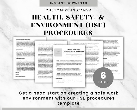 Health Safety and Environment Procedures Canva Editable Template HSE Procedures Business Document Employee Safety Workplace Safety Document