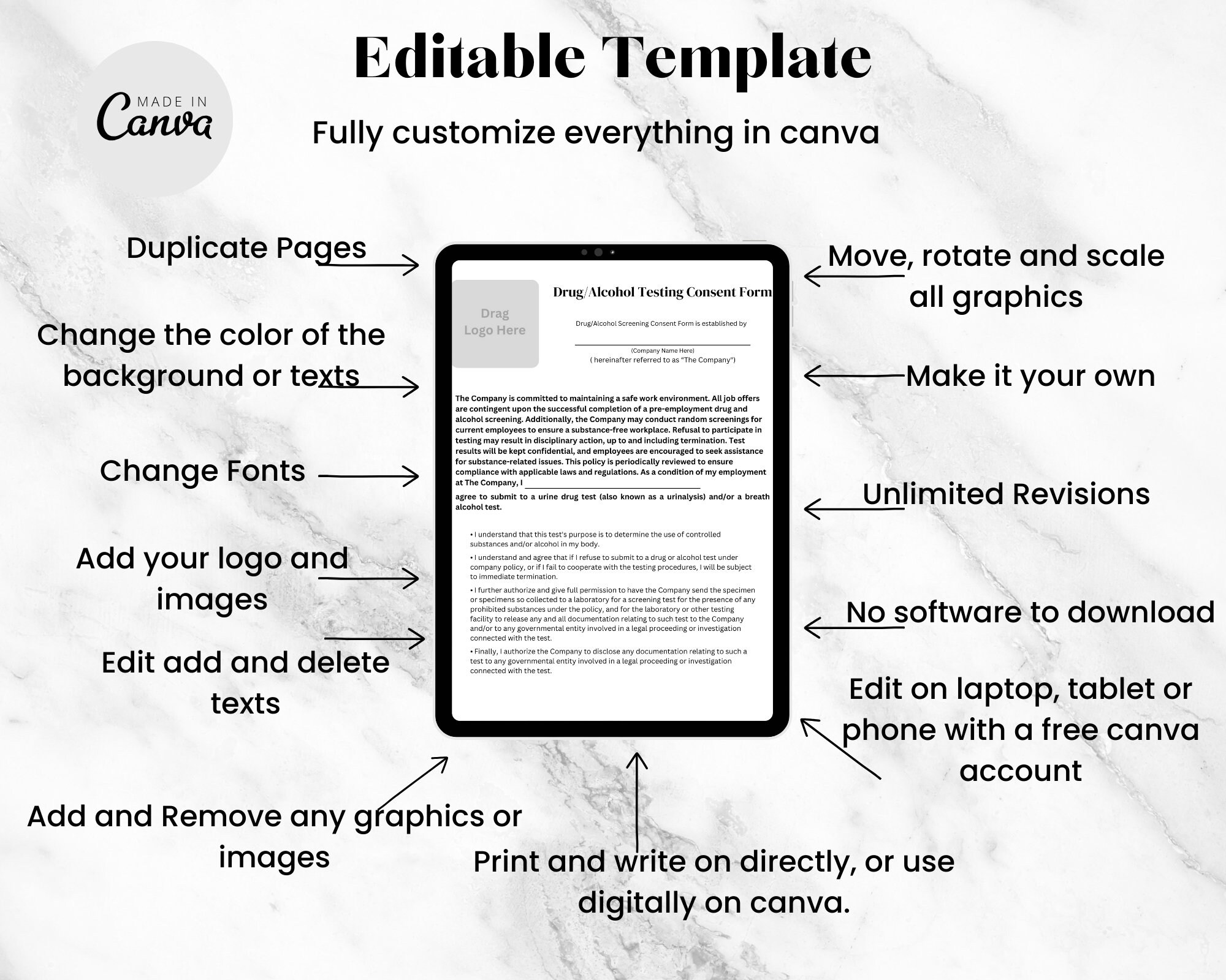 Drug/alcohol Testing Consent Form Canva Editable Template Drug ...
