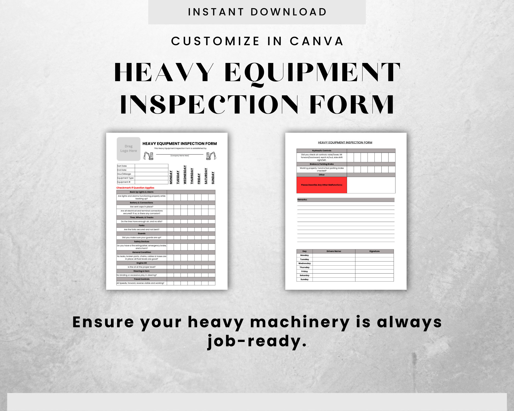 Heavy Equipment Weekly Inspection Template - Etsy