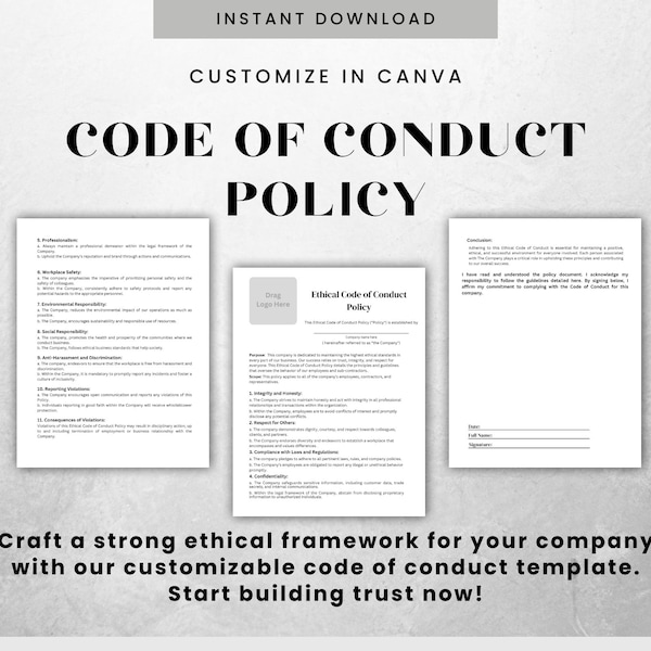 Ethical Code Of Conduct Policy Canva Editable Template Code Of Behavior PDF Rules Of Conduct Template Code Of Ethics Customizable Form