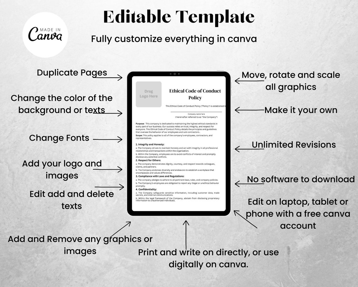Ethical Code of Conduct Policy Canva Editable Template Code of Behavior ...