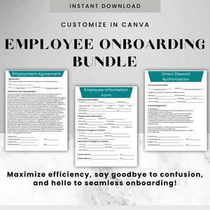 Op de afbeelding: Een printbare bundel met formulieren voor de onboarding van werknemers. De formulieren omvatten een arbeidsovereenkomst, een formulier met werknemersinformatie en een formulier voor toestemming voor directe storting. De formulieren zijn aanpasbaar in Canva.