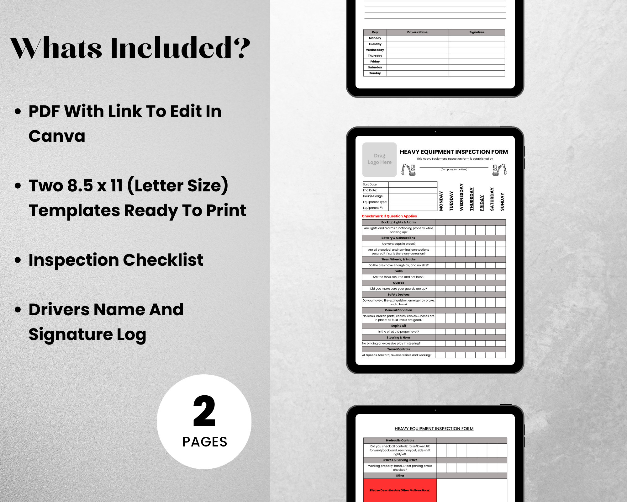Heavy Equipment Weekly Inspection Template - Etsy