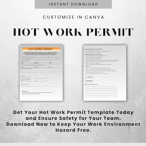 Può includere: Un modello di permesso di lavoro a caldo stampabile con un elenco di controllo delle procedure di sicurezza. Il modello include sezioni per i dettagli del lavoro, l'identificazione dei pericoli e le precauzioni di sicurezza. Personalizza il modello in Canva.