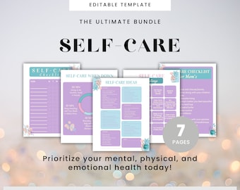 May include: A printable self-care bundle with seven pages of checklists and ideas. The pages are decorated with floral designs and have a light purple and blue color scheme. The text on the pages includes "Self-Care Checklist for Mom's", "Self-Care When Down", and "Self-Care Ideas".