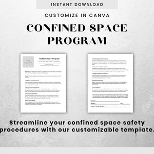 Pode incluir: Um modelo imprimível em preto e branco para um programa de espaços confinados. O modelo inclui seções para equipamentos e procedimentos de segurança, procedimentos de entrada em espaços confinados e conformidade com as políticas. O texto "Programa de espaços confinados" está no topo da página.
