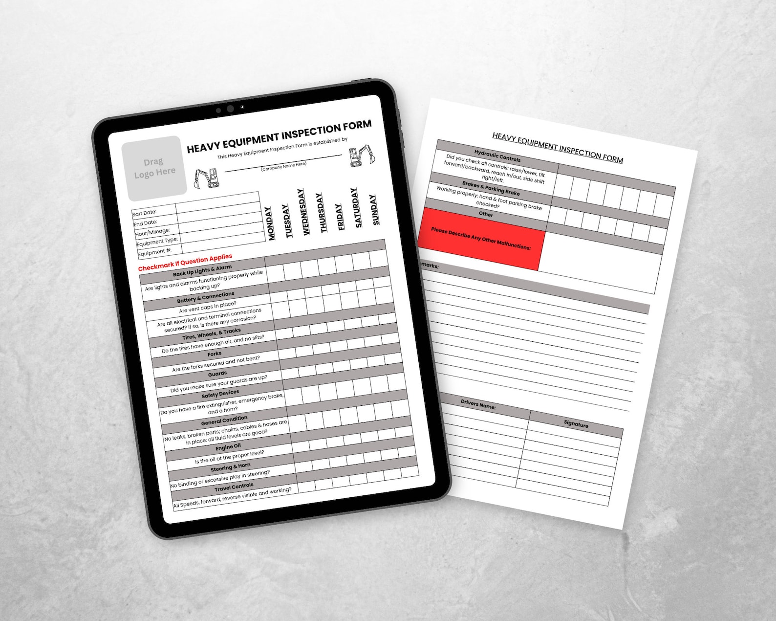 Heavy Equipment Weekly Inspection Template - Etsy