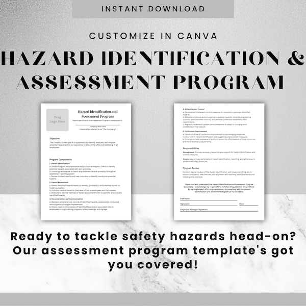 Hazard Identification & Assessment Program Canva Editable Template Employee Safety Workplace Hazard Detection Safety Management JSA Program