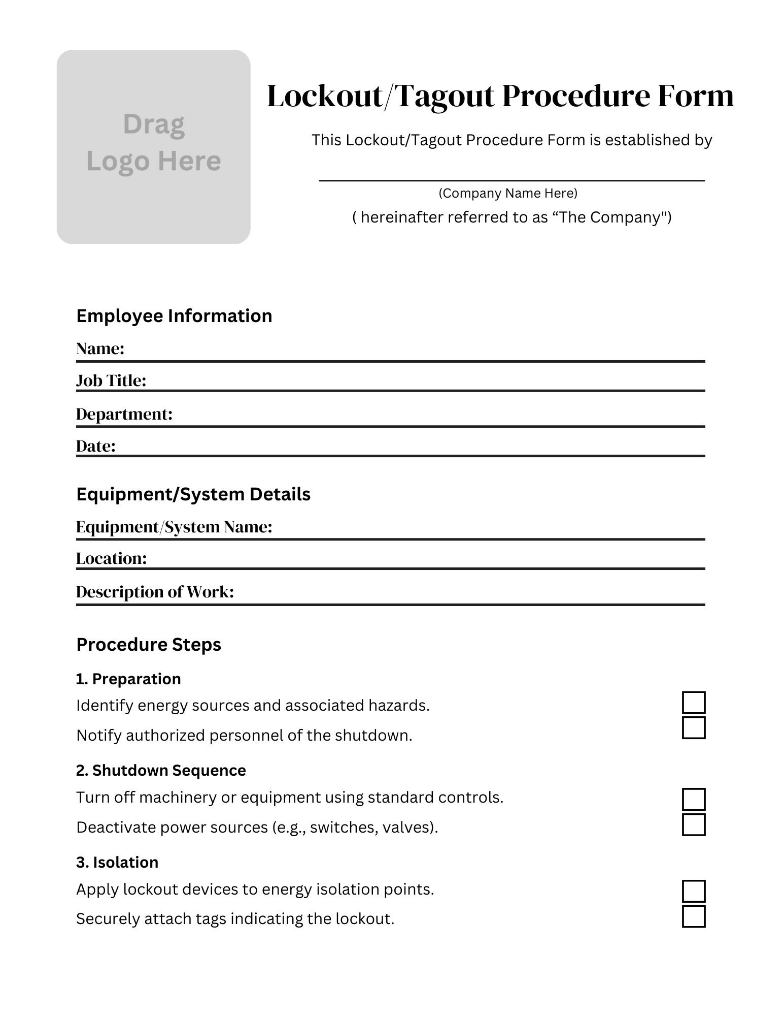 Lockout Procedure Form Canva Editable Template Tagout Procedure Form Lockout Procedure Form Canva Editable Template Tagout Procedure Form