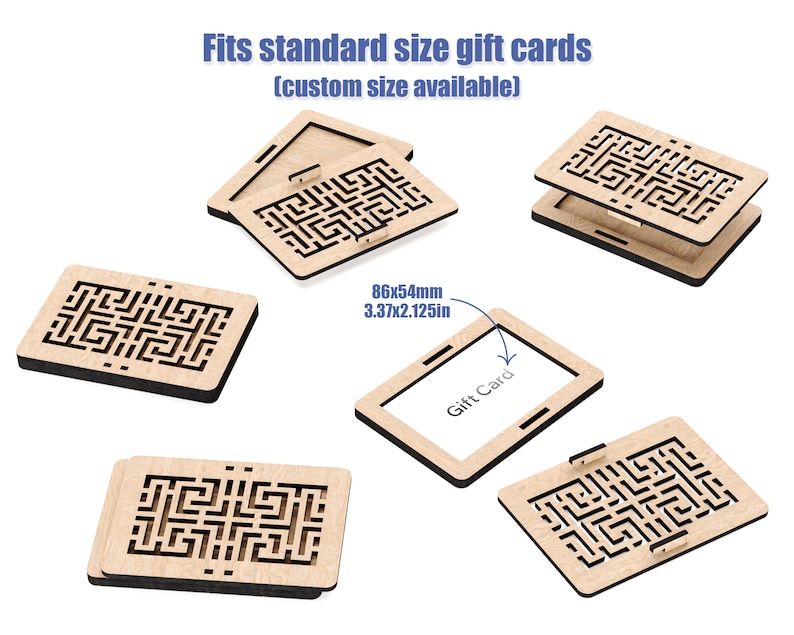 May include: Wooden gift card holder with a laser-cut intricate maze design. The holder is open to show the inside, which is designed to fit a standard size gift card. The text "Gift Card" is printed on a white card inside the holder. The dimensions of the card are 86 x 54 mm.