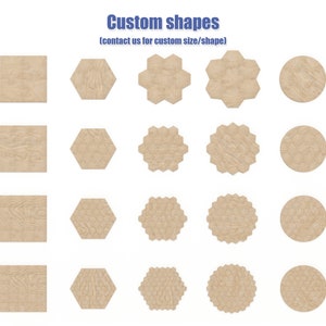 May include: A set of 12 wooden shapes in various sizes and styles, including squares, hexagons, and circles. The shapes are all made of a light brown wood with a natural grain pattern. The text "Custom shapes (contact us for custom size/shape)" is displayed above the shapes.