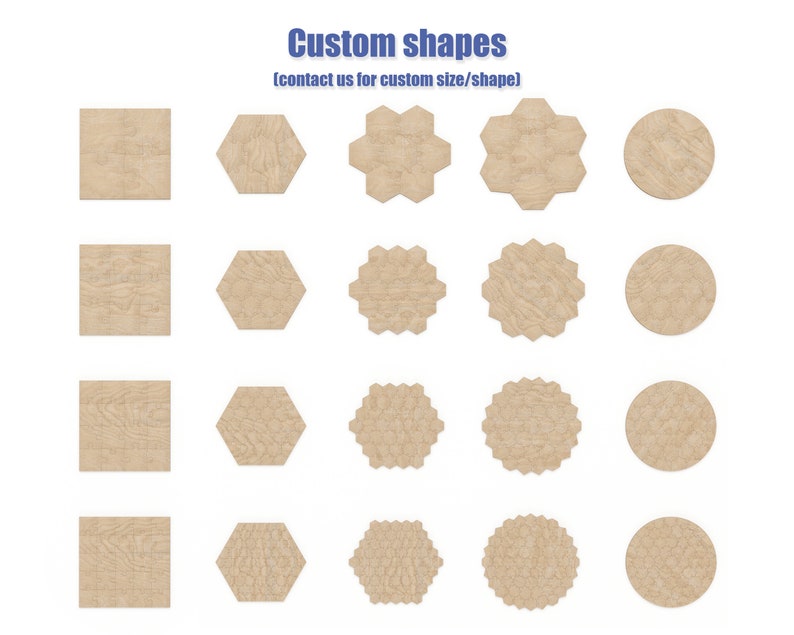 May include: A set of 12 wooden shapes in various sizes and styles, including squares, hexagons, and circles. The shapes are all made of a light brown wood with a natural grain pattern. The text "Custom shapes (contact us for custom size/shape)" is displayed above the shapes.
