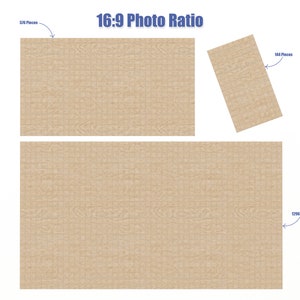 May include: Three different sizes of jigsaw puzzles with a wood grain pattern. The puzzles are labeled with the number of pieces: 518 pieces, 144 pieces, and 1296 pieces. The text "16:9 Photo Ratio" is at the top of the image.