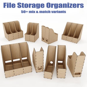Paquete minimalista de organizador de archivos cortados con láser para almacenamiento de escritorio, archivos SVG para cortar madera con láser, soportes para revistas y cajas incluidos
