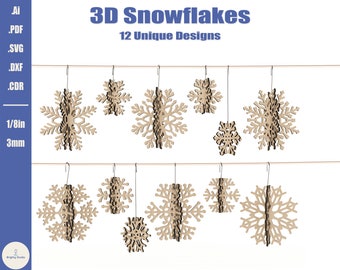 3D Snowflake SVG Laser Cut Bundle, Wooden Holiday Ornaments, Christmas Tree Decorations (Digital Download)