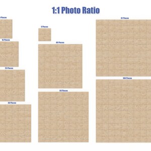 May include: A set of 10 different sized wood jigsaw puzzles with a wood grain pattern. The puzzles range in size from 9 pieces to 100 pieces. The puzzles are all square shaped and have a 1:1 photo ratio.