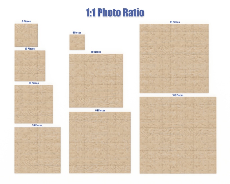 May include: A set of 10 different sized wood jigsaw puzzles with a wood grain pattern. The puzzles range in size from 9 pieces to 100 pieces. The puzzles are all square shaped and have a 1:1 photo ratio.