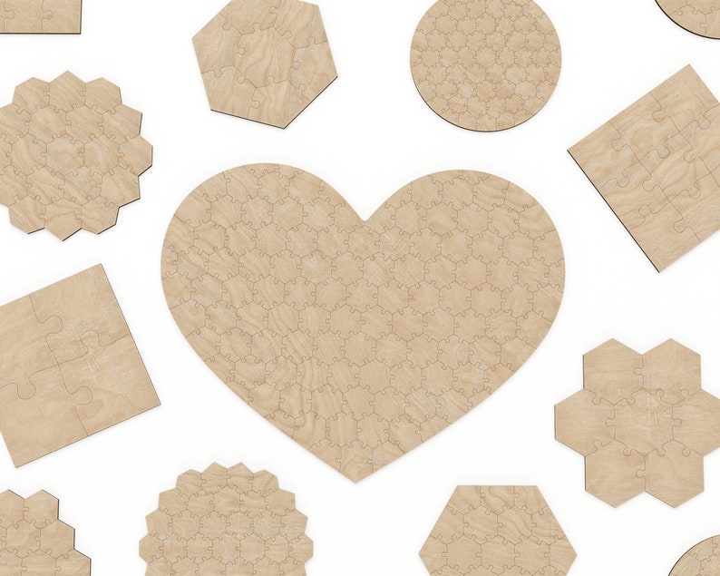 May include: A set of wooden jigsaw puzzle pieces in various shapes, including a heart, circle, hexagon, square, and pentagon. The pieces are all made of light brown wood and have a natural grain pattern.