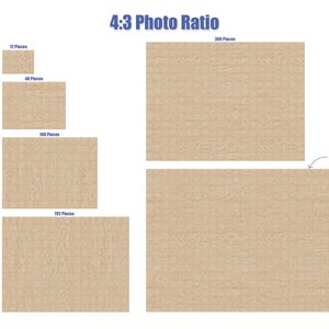May include: A visual representation of different sizes of jigsaw puzzles with a 4:3 photo ratio. The puzzles are made of wood and have a light brown color. The number of pieces in each puzzle is labeled. The largest puzzle has 432 pieces.