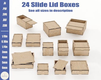 24 Laser Cut Sliding Lid Box Templates, Wood Storage Box Files (SVG, DXF)