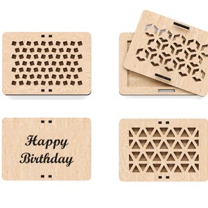 May include: A wooden box with a laser-cut design. The box is open and the lid is on top. The lid has a geometric pattern. The box has the words "Happy Birthday" written on the front.