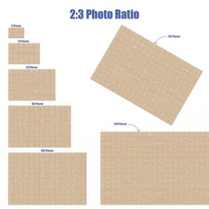 May include: A diagram showing different sizes of jigsaw puzzles with a 2:3 photo ratio. The puzzles are made of wood and have a light brown color. The number of pieces in each puzzle is labeled.